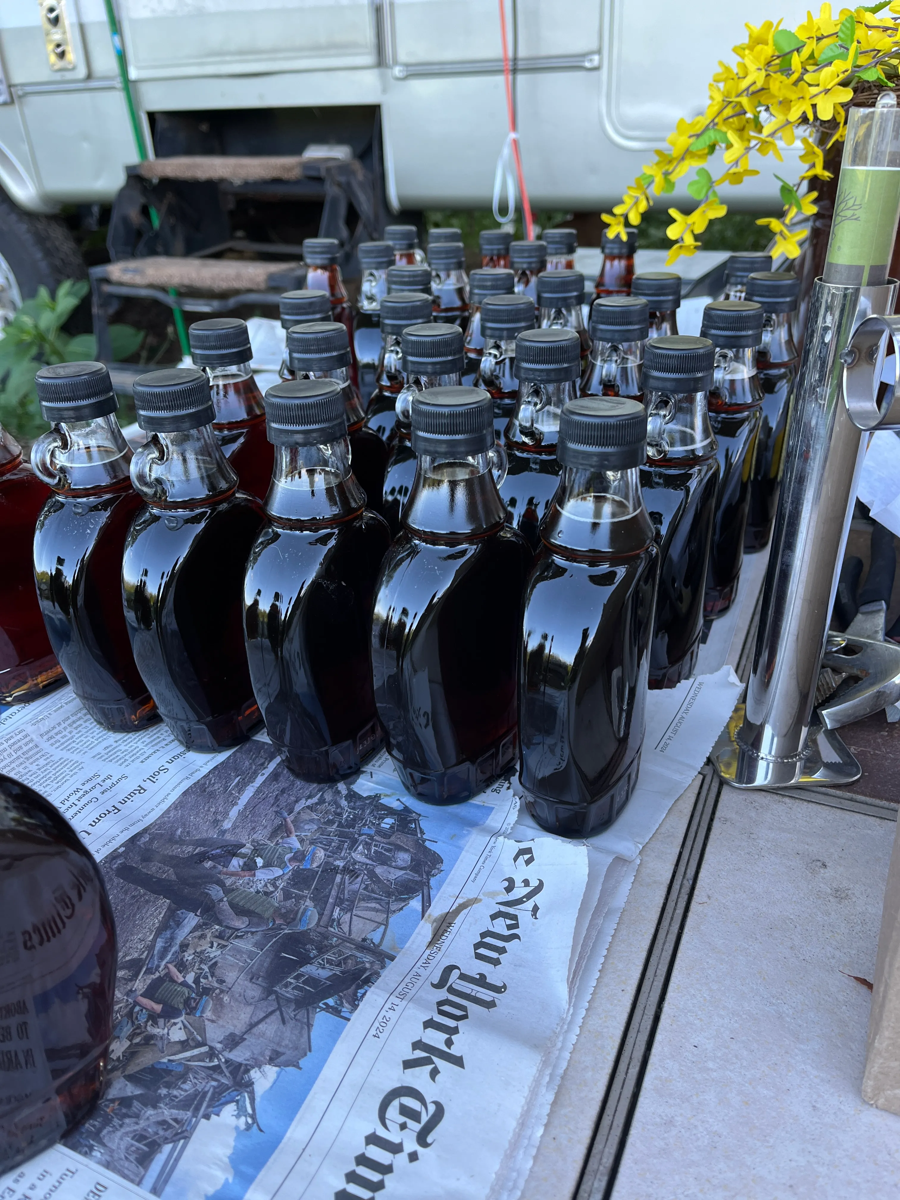 A full batch of freshly bottled maple syrup