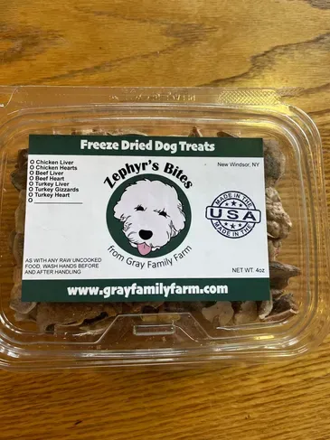 Zephyr's Bites freeze-dried dog treat package from Gray Family Farm