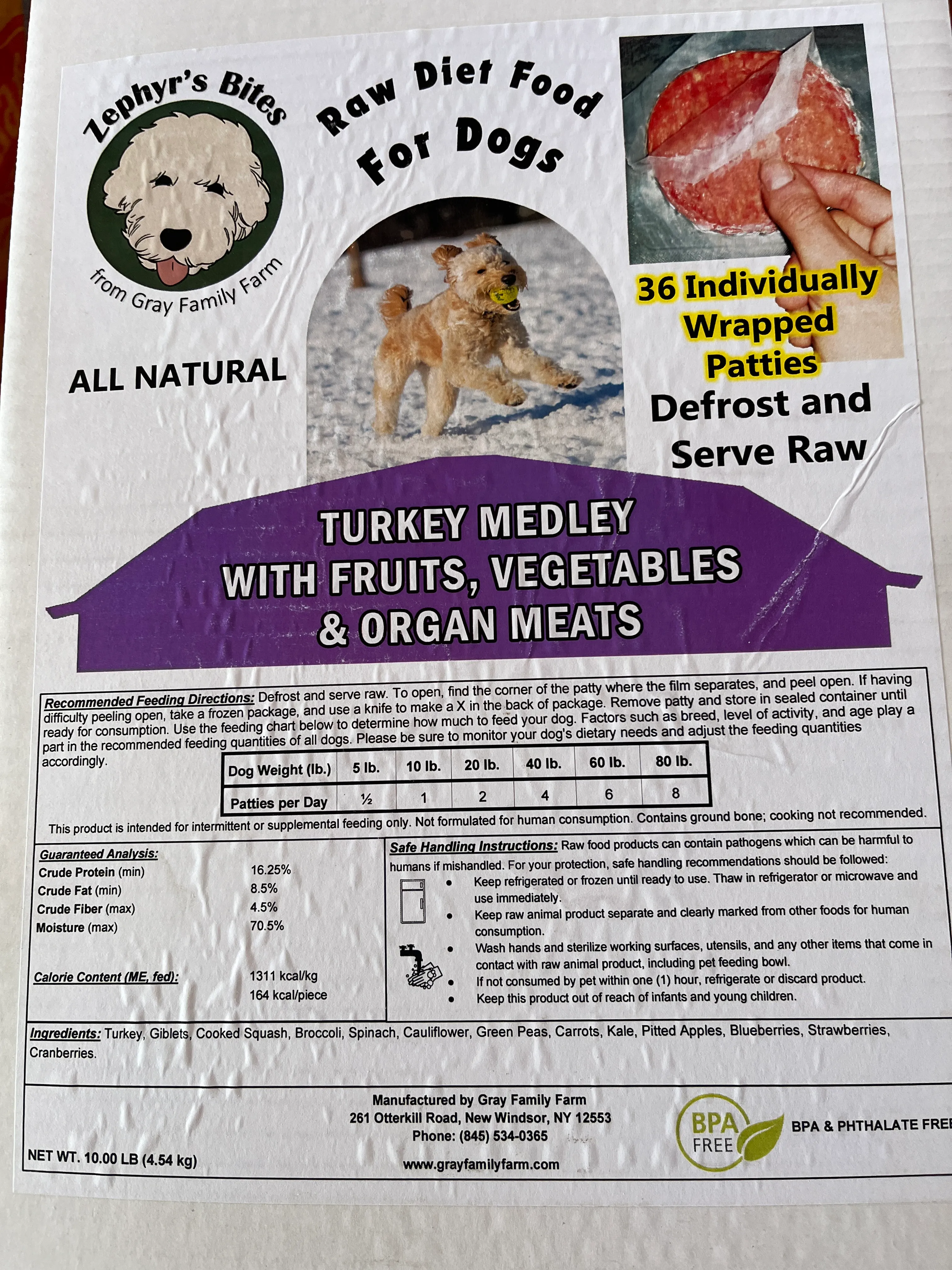 Zephyr's Bites raw diet dog food product packaging from Gray Family Farm